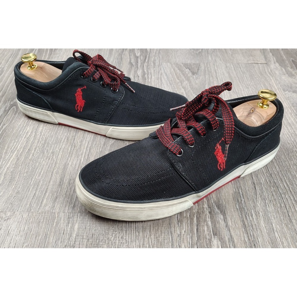 Polo Ralph Lauren Faxon Low Shoes Mens Size 8.5D Black Red Canvas‎ Lace Up Logo